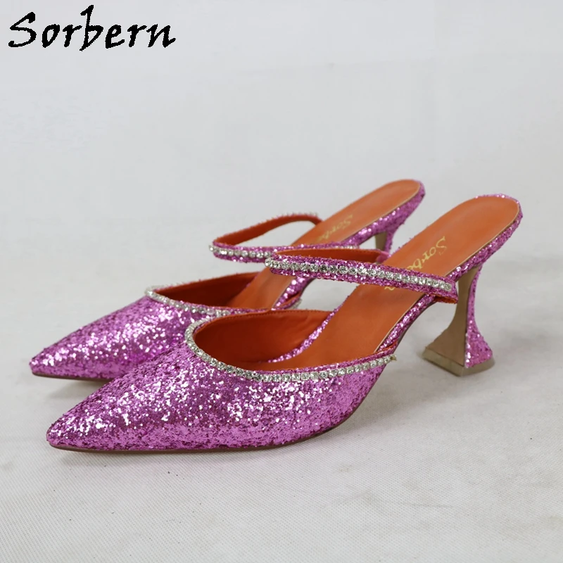 

Sorbern Hot Pink Sequins Women Pump Mules High Heel Mary Jane Pointed Toe Slip On Stilettos Slippers Female Shoes Custom Color