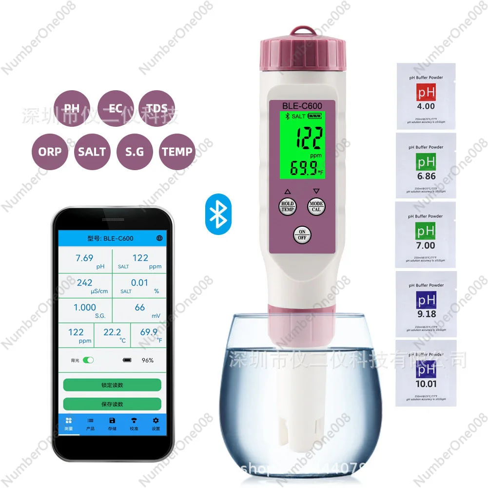 BLE-C600 Bluetooth-compatible Water Quality Pen 7 in 1 PH EC TDS ORP SALT S.G TEMP Meter APP Intelligent Control Tester