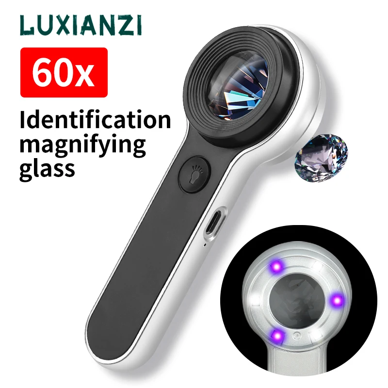 LUXIANZI 60X Handheld Magnifying Glass With LED Lights For Seniors Reading Jewelry Inspecting Repair USB Rechargeable Magnifier