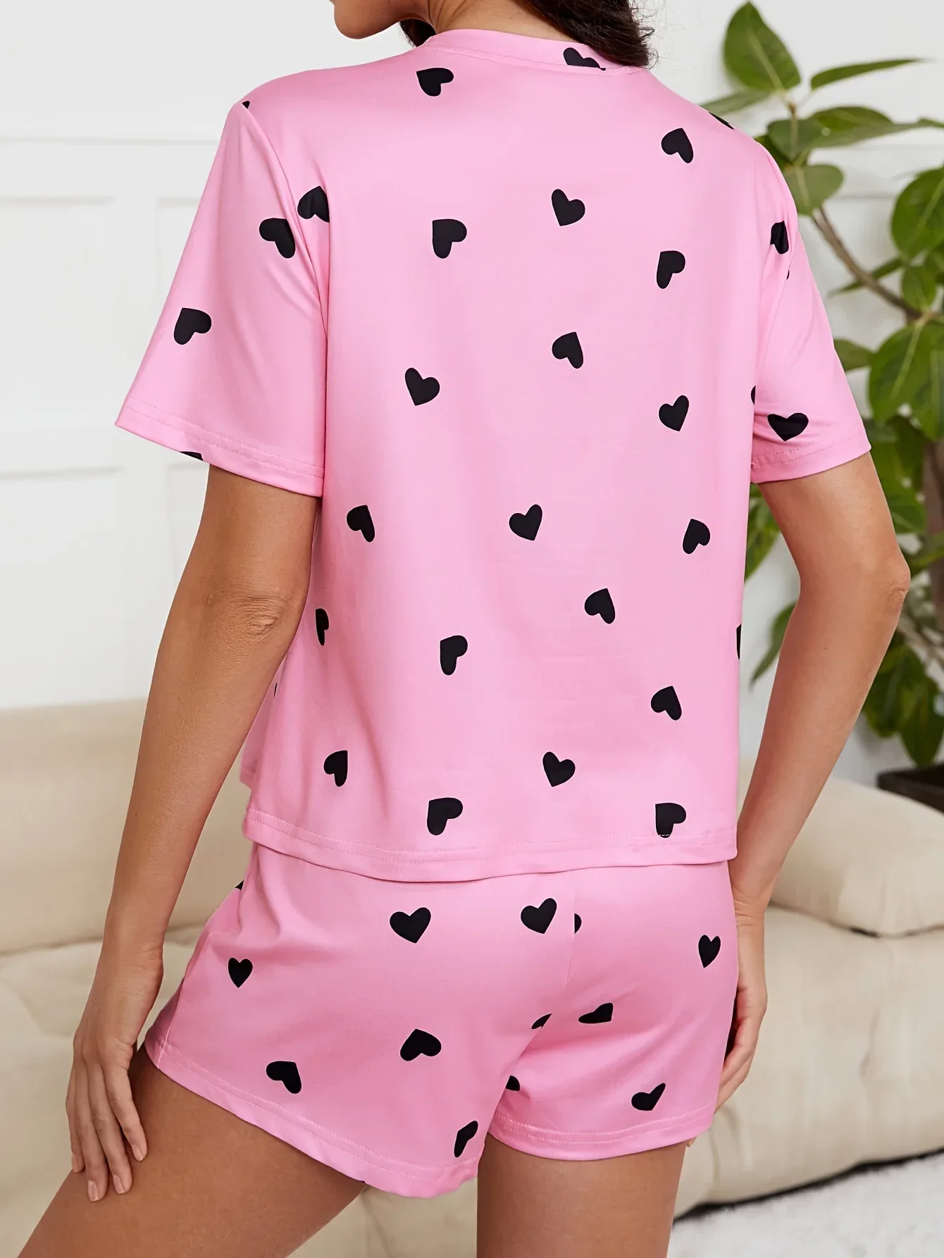 Pajama Sets Women Sleepwear Sexy Lingerie Pink Heart Love Printed Tee Shirt and Shorts Set Homewear Outfit Lounge Pijamas