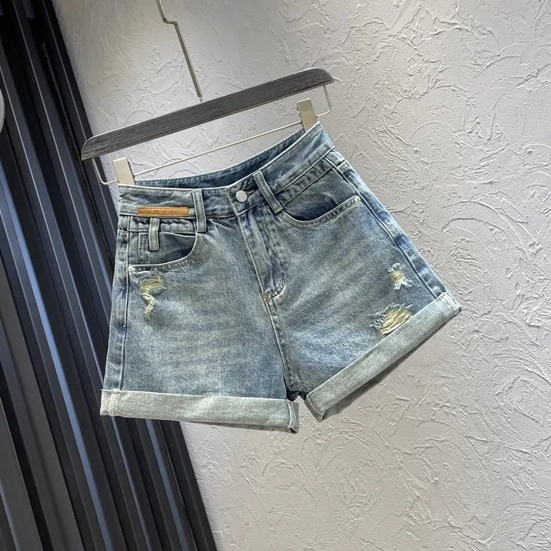 

Retro Rolled Edge A-line Denim Shorts Women Summer 2025 New High Waisted Loose Wide Leg Hot Pant Fashion Hole High Street Shorts