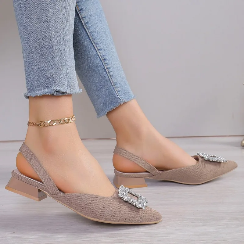 New Low Heeled Sandals Clear Shoes Women's Rhinestone Comfortable Medium Pointed Spring Fashion Girls Work Dress Shoes