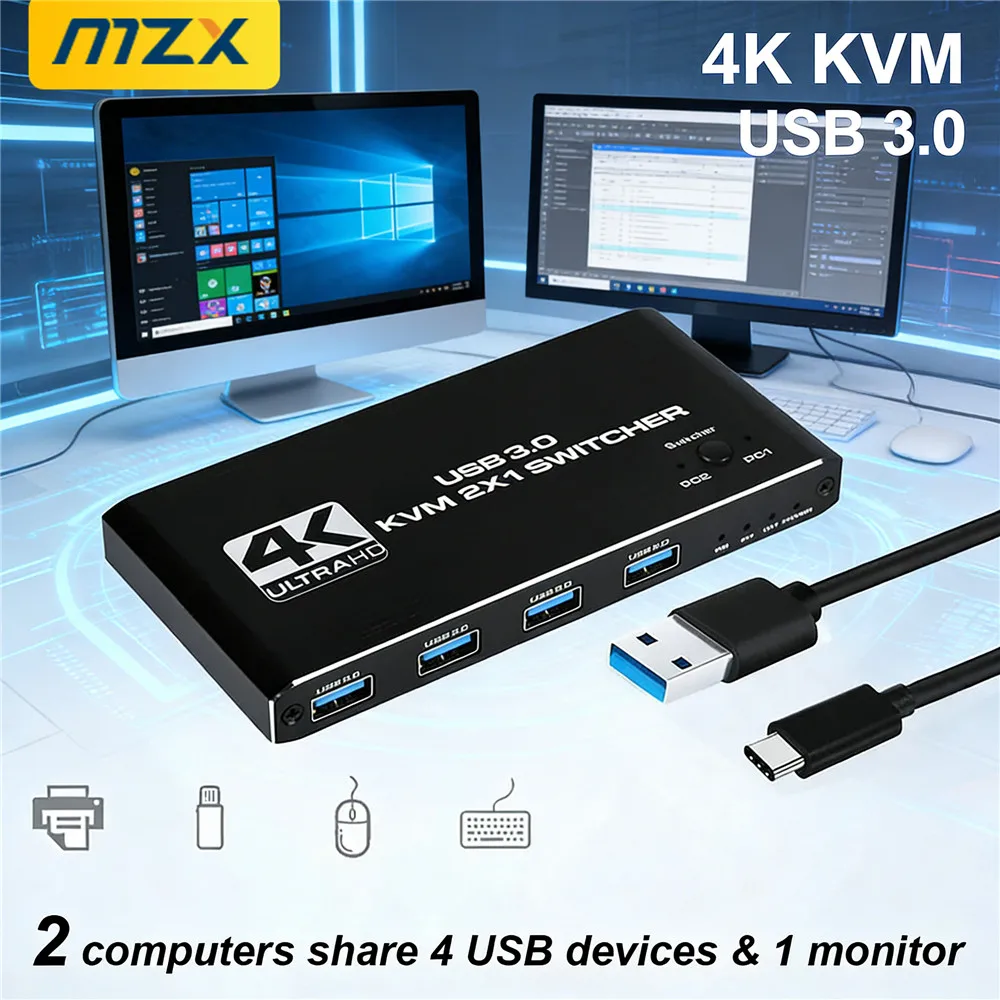 4K 60Hz KVM-Switch HDMI-kompatibler Switcher Splitter USB 3.0 Hub Dockingstation für 2 Computer zum gemeinsamen Verwenden von Tastatur, Maus und Drucker