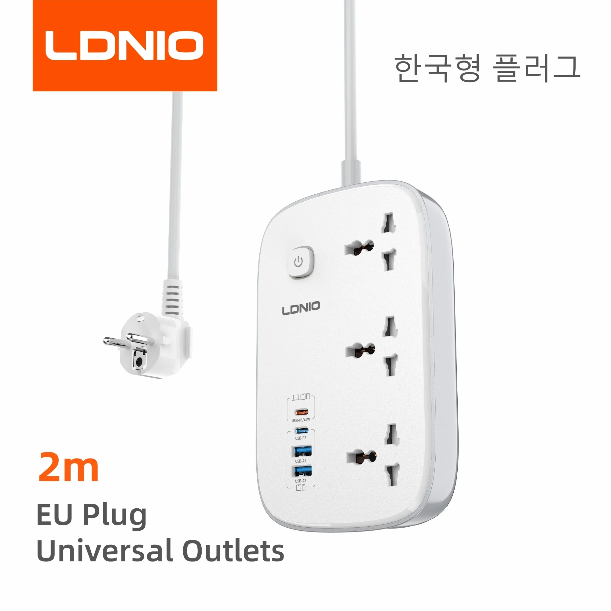 LDNIO Universele Stekkerdoos 3250W EU UK US Stekker 45W PD Snellader 3 Stopcontacten 2M Verlengsnoer voor Laptop Telefoon Opladen