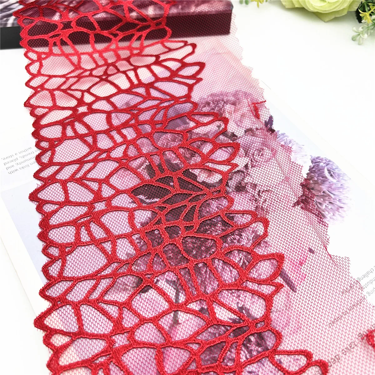 3y/lot Width 17cm Red With Foil Shimmer No-Elastic Eyelash Lace Trim For Clothing Accessory Dress Sewing Applique Costume Lace