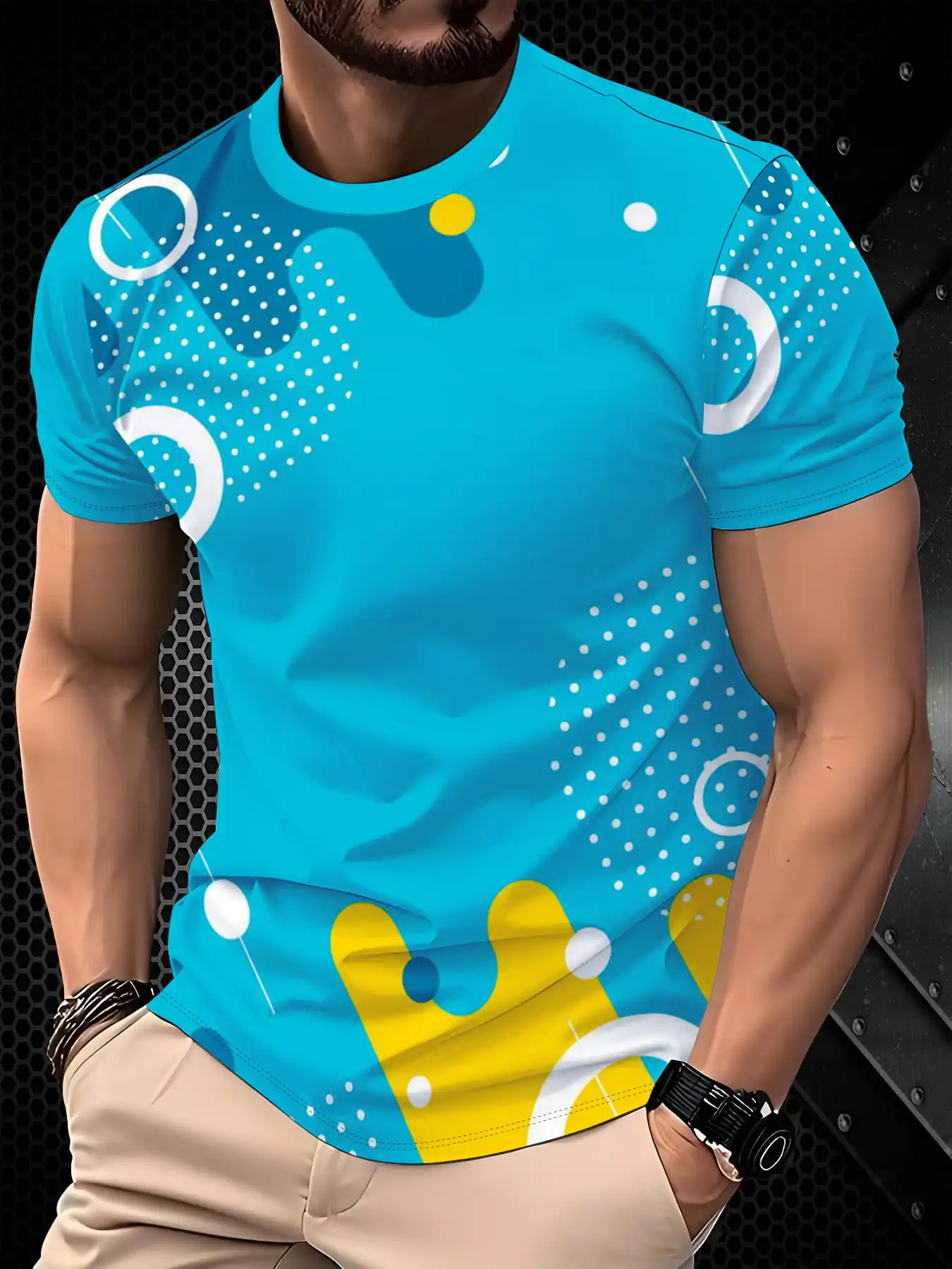 New men's short-sleeve T-shirt, loose-fitting and tailored with printed designs, versatile basic crew-neck top suitable for spri