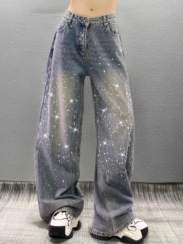 

Весенние модные женские джинсы с высокой талией и широкими штанинами, свободного кроя, прямые, с декором из страз, повседневные, в стиле High Street