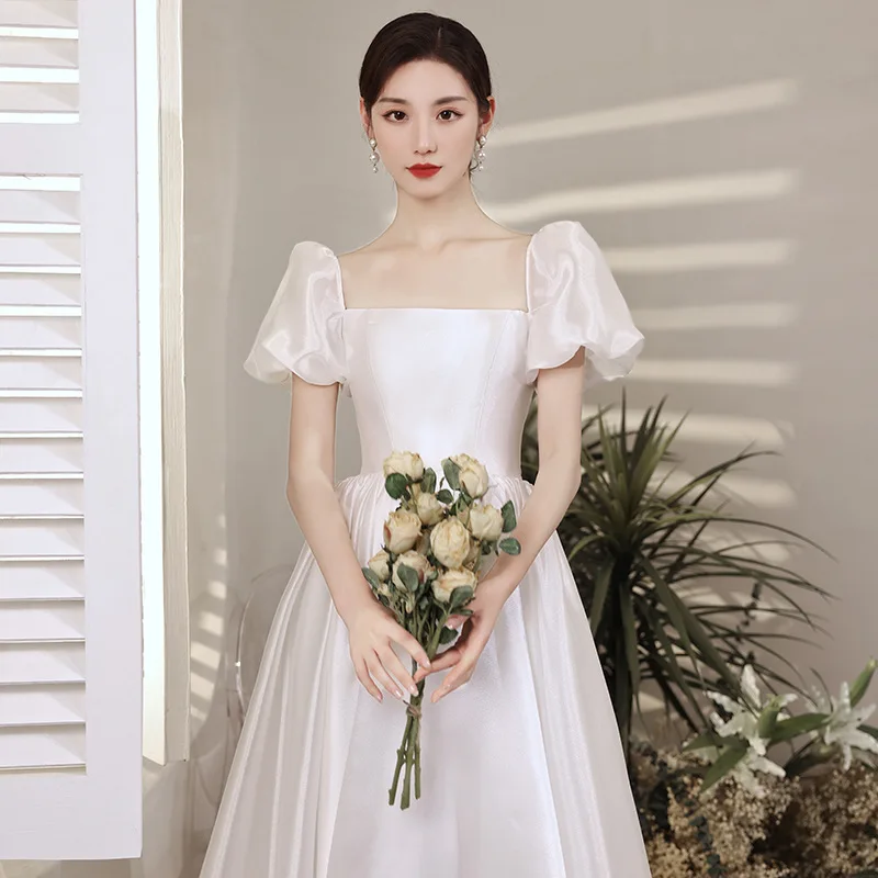

French Light Wedding Dress Forest Style Satin Toast Dress Bride's Simple Temperament Waist Cinching A-line Dress Customized