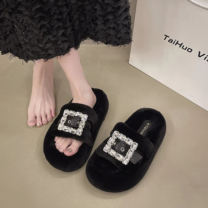 Winter new platform slippers women's fashion round head open toe diamond square buckle flat woolen shoes