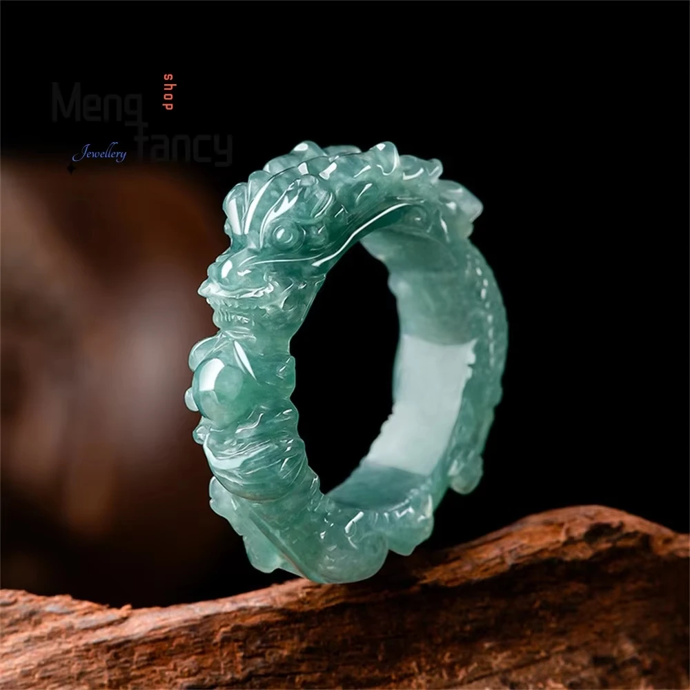 High-grade Natural A Goods Blue Water Jadeite Dragon King Ring Three-dimensional Carved Ice Jade Ring Dragon Ring Fine Jewelry