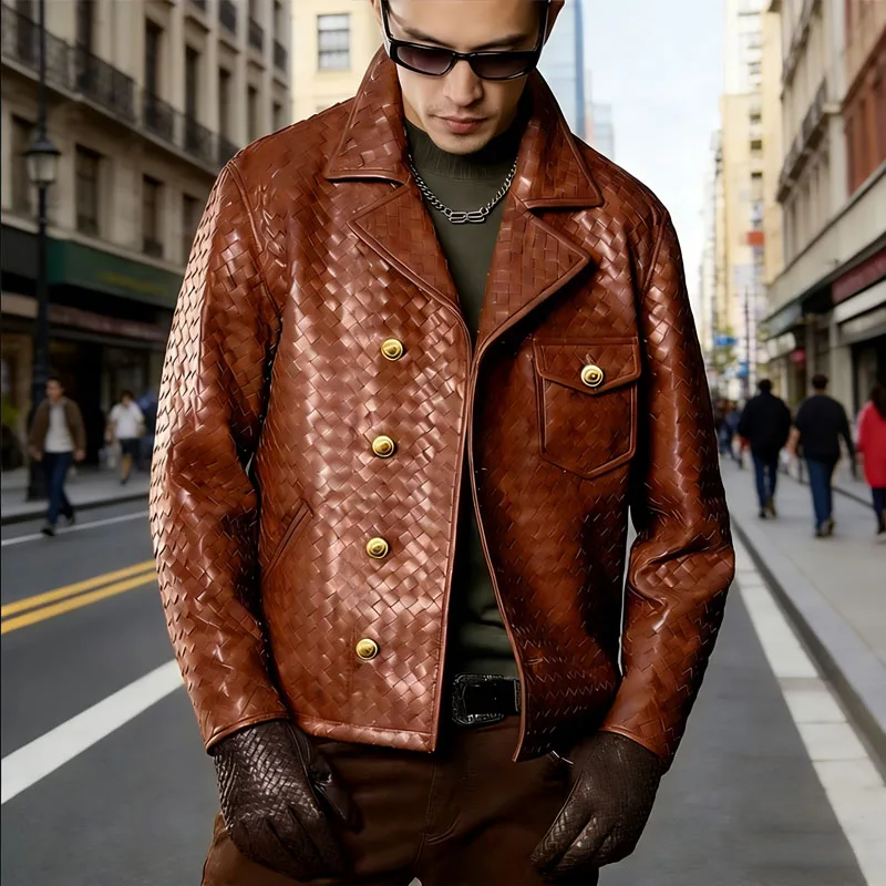 Chaqueta Blazer de Cuero con Textura Tejida para Hombre, Doble Botonadura, Botones Dorados, Cuello Solapa, Patrón Tejido, Estilo Biker, Abrigo Deportivo, Ropa Exterior