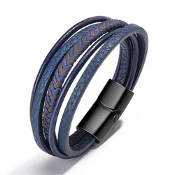 Charmsmic Navy Blue Leather Bracelets Sets For Mens Magnetic Clasp Powerful Armband Handmade Braided DIY Jewelry Wholesale