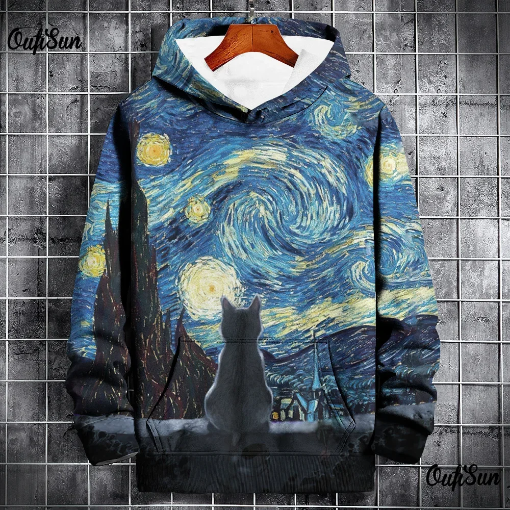 Fashion Men's Hoodie 3d Starry Sky Cat Printed Street Designer Long Sleeved Loose Oversized Pullover High-Quality Men's Clothing