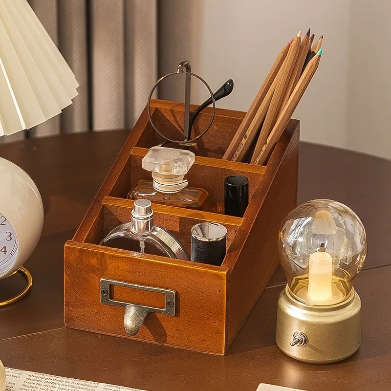 Wooden Pencil Holder Vintage Storage Drawers Display Case Control Cosmetic Sundries Storage Box Office Organizer Desktop Decor