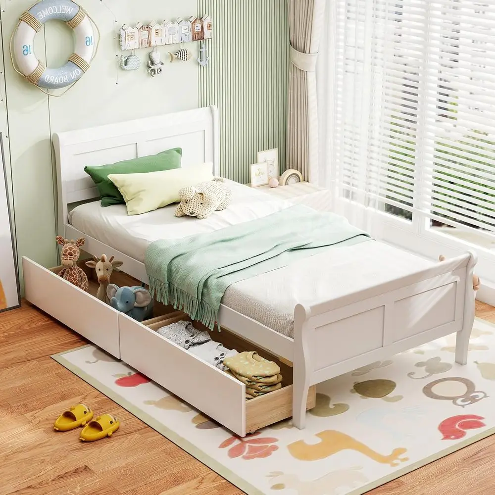 

White Twin Wood Platform Bed with 2 Drawers, Slat Support, Suitable for Kids, Teens, and Adults, No Box Spring Needed