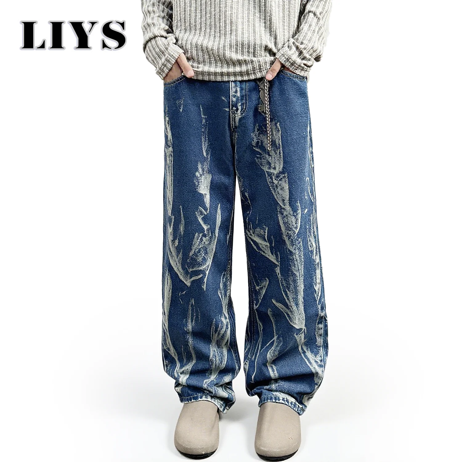 

Новые осенне-зимние мужские полосатые свободные прямые джинсы, индивидуальный дизайн, джинсовые брюки с принтом тай-дай, мешковатые повседневные джинсы-бойфренды