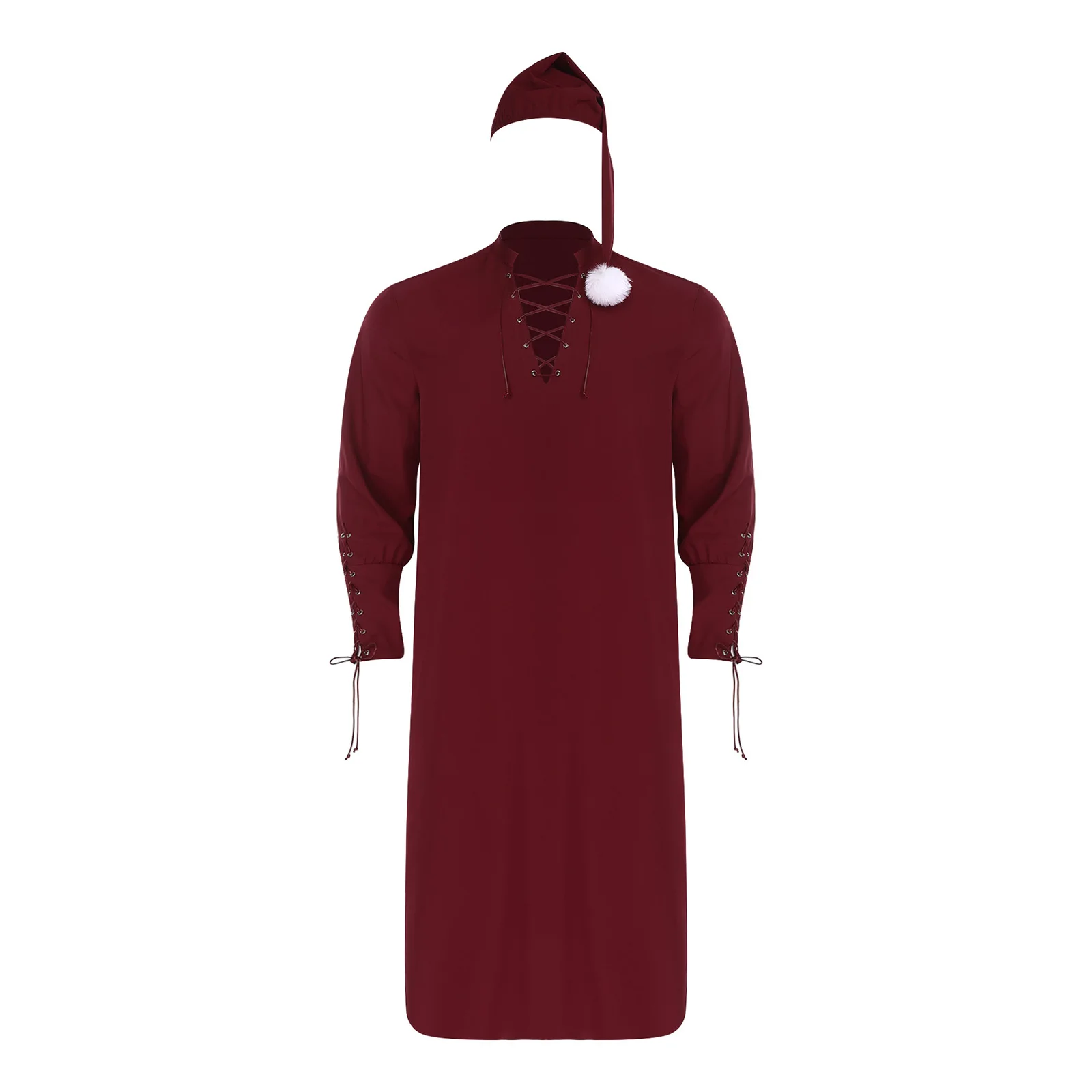 Mens Renaissance Victorian Nightgowns with Sleeping Hats Lace-up Neck and Cuffs Long Sleeve Pajamas Robe Sleepwear Nightwear - view 2