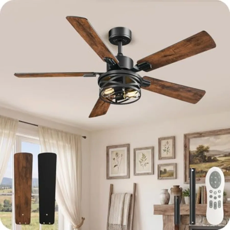 Farmhouse Ceiling Fan with Lights and Remote, Timer, Dual Finish 5 Blades , 6 Speeds, Reversible DC Motor, Rustic and dustrial