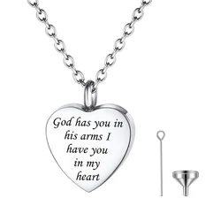 Heart Urn Pendants Memorial Ash Necklace Engraved Stainless Steel Cremation Waterproof Keepsake Jewelry God has you in his ...