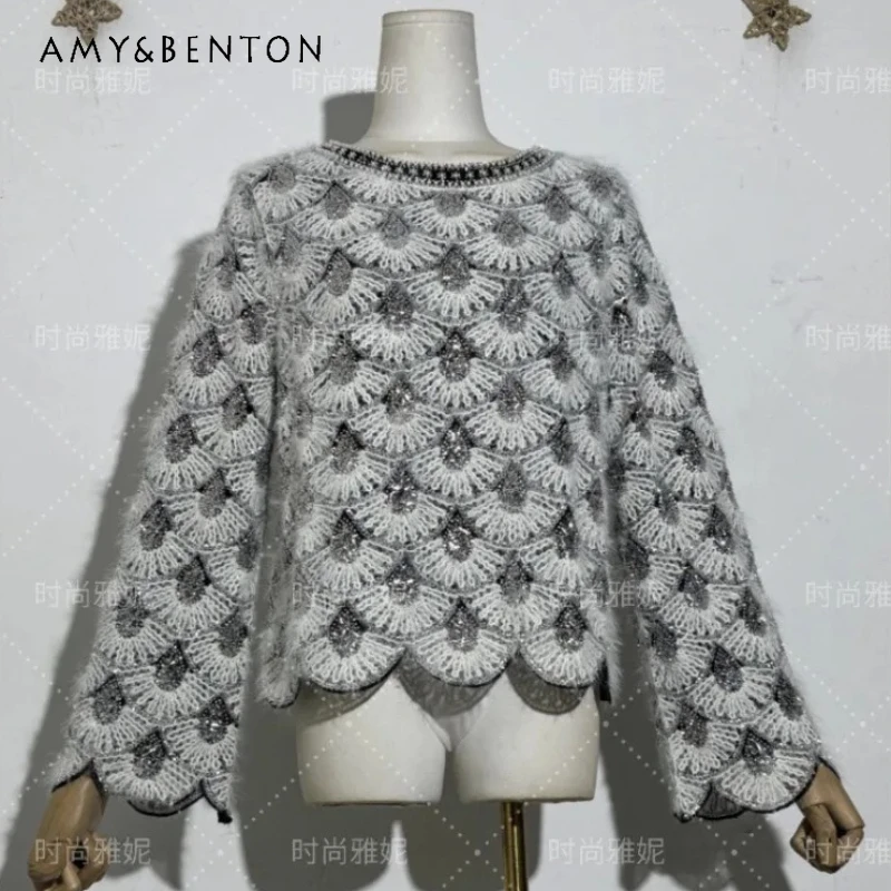 

Женская блузка-топ с длинными рукавами и круглым вырезом, узор «рыбья чешуя», с жемчугом и пайетками, элегантный дизайн в стиле Y2K, коллекция Зима 2026