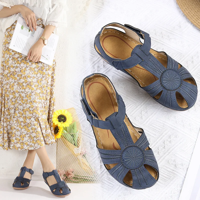 Plus Size 35-46 Shoes for Women Summer Retro Hook Loop Hollow Beach Outdoor Wedge Platform Sandals Casual Closed Toe Shoes