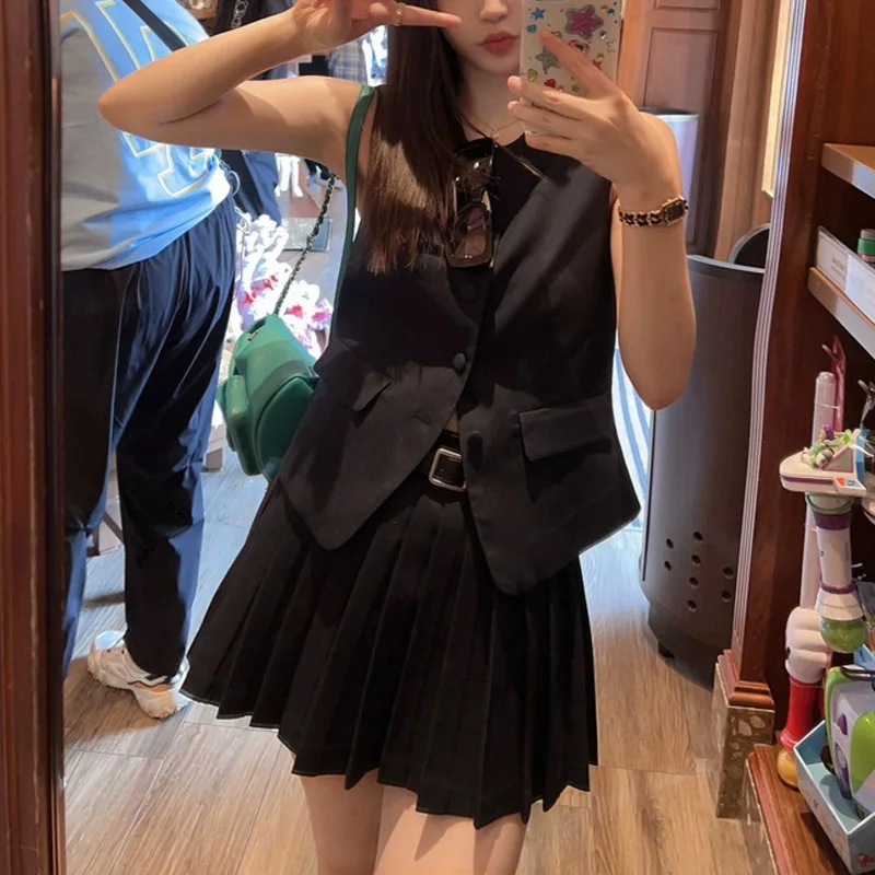 Matching Sets Solid Women Dress Sets Pleated Mini Skirts Vest Sleeveless Single Breasted 2026 Young Style Spring Buttons
