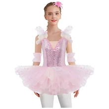 Girls Sequin Ballet Tutu Dress Ruffled Sleeves Adjustable Shoulder Straps Tulle Dress And Headwear Cuffs Ballerina Leotard Dress