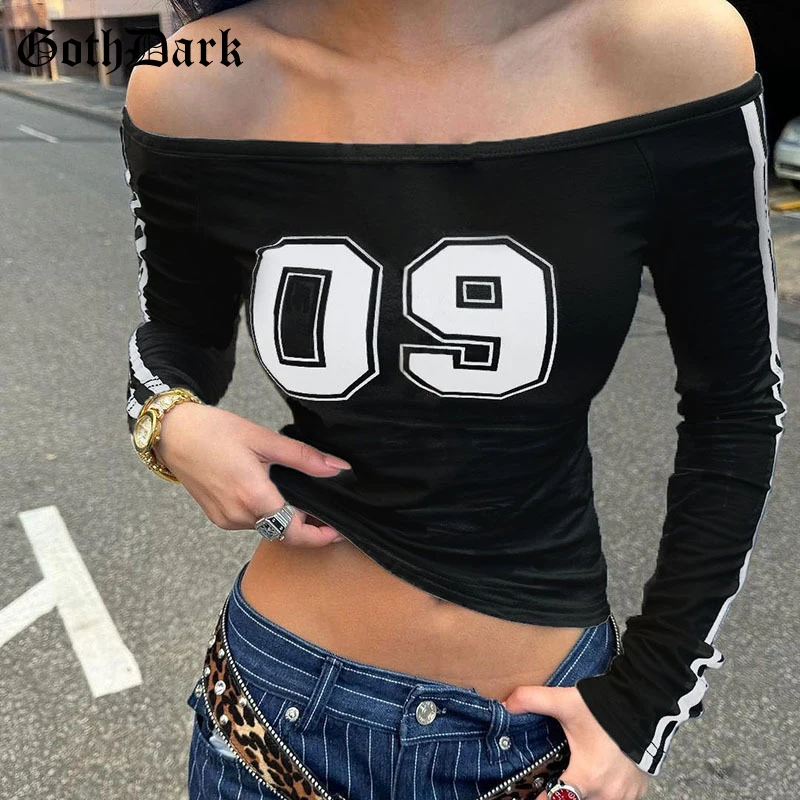 

Goth Dark Sporty Chic Stripe Long Sleeve Autumn Crop Tops Women Sexy Off Shoulder T-Shirt Cyber Y2K Slim Streetwear T-Shirts New