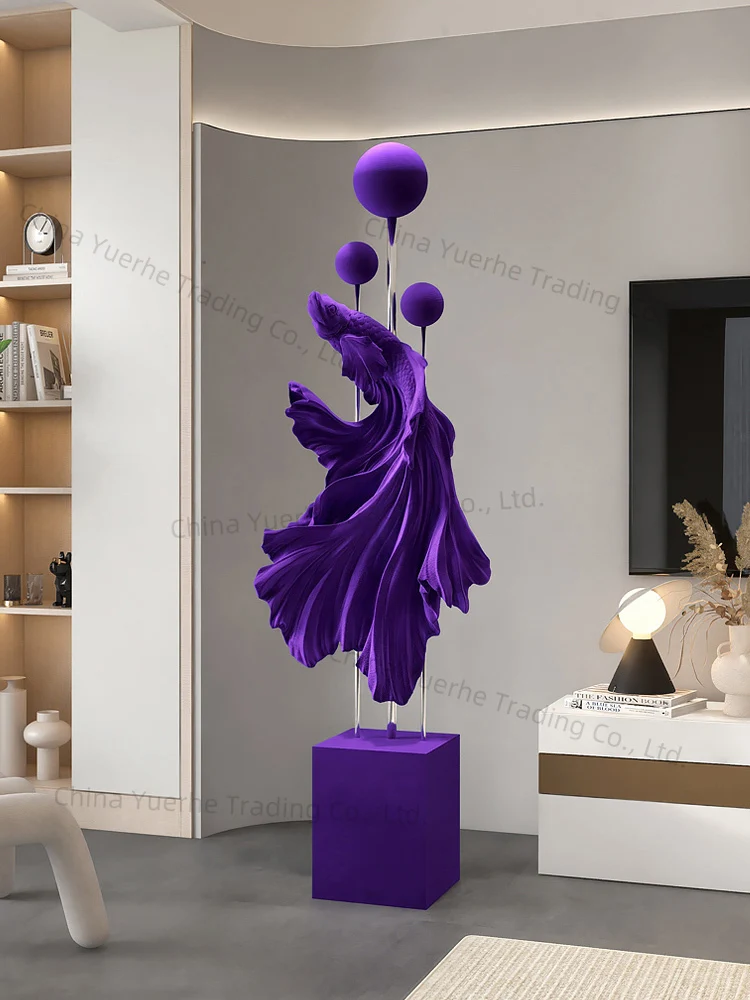 

Home Decor 160CM Flocking Fighting Fish Statues Floor Decoration Living Room Large Welcome Sculpture Ornaments Hotel Lucky Decor