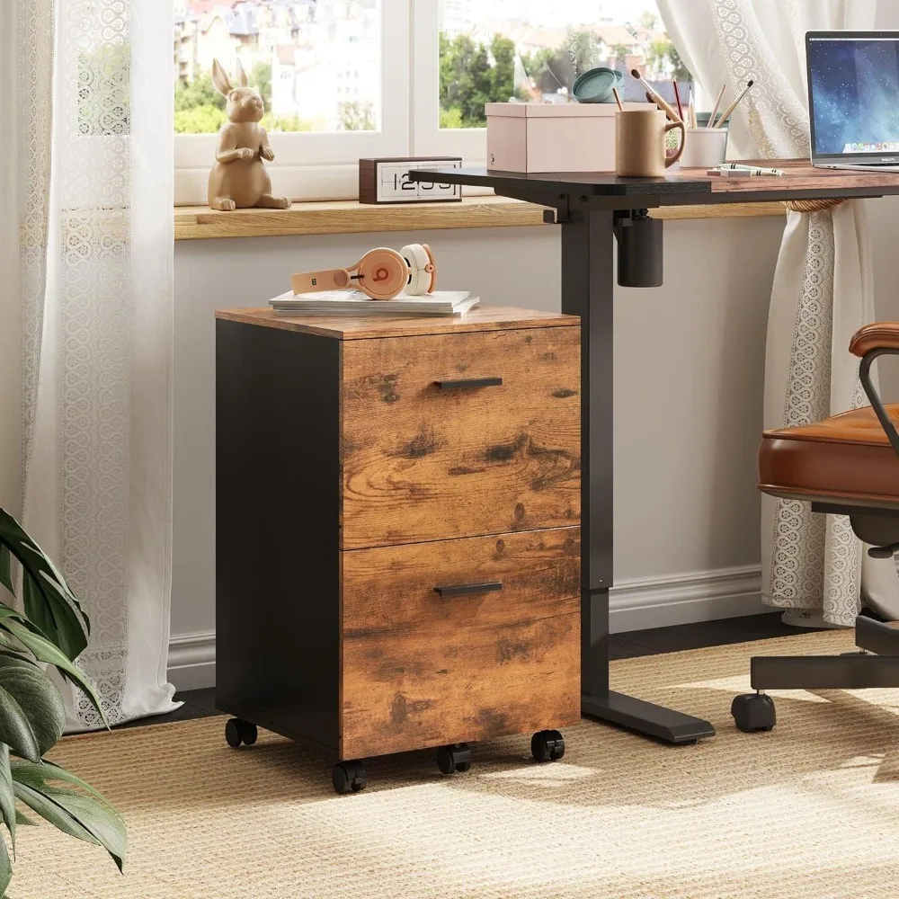 2 Drawer File Cabinet, Mobile Printer Stand, Wood Filing Cabinet fits A4 or Letter Size for Home Office, Rustic Brown