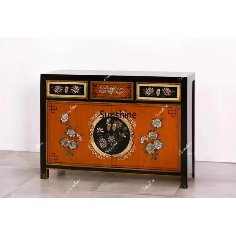 

New Chinese retro old painted side cabinet, solid wood entrance cabinet