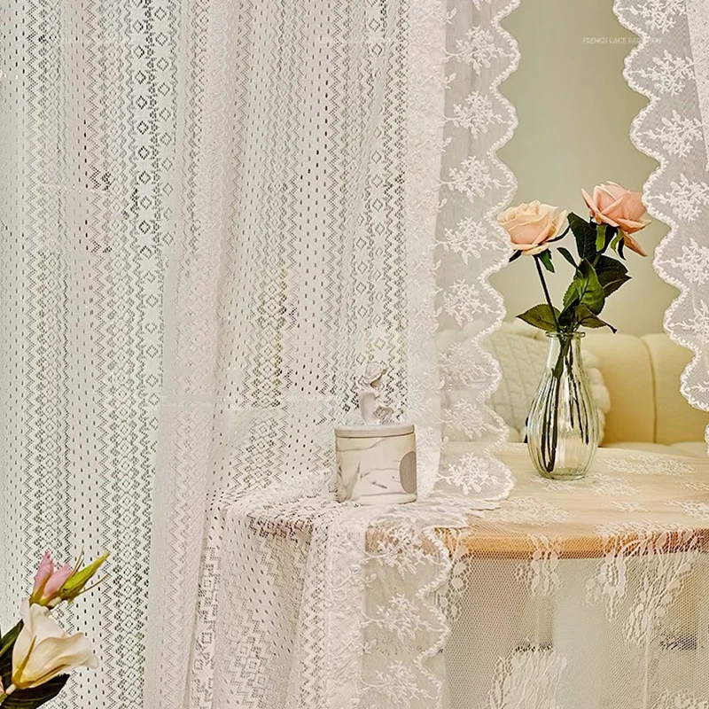 French Retro Lace Tulle Curtain For Bedroom Balcony American Pastoral White Lace Veil Sheer Panel Partition Door Drapes Custom