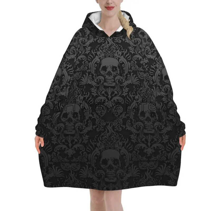 Goth Gothic Black Skull Damast Tragbare Decke Hoodie Sherpa Übergroße Pullover Sweatshirt Flanell Fleece Decke mit Taschen