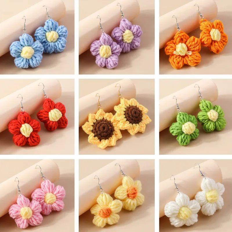 Cute Colorful Flower Drop Earrings for Women Handmade Crochet Flower Dangle Hooks Earrings Girls Party Holiday Jewelry Gifts