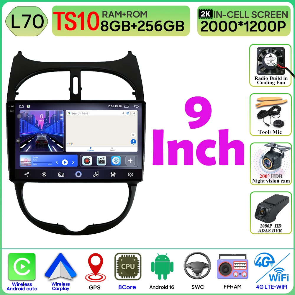 Android 16 autoradio voor Peugeot 206 206CC 1998-2012 autoradio Bluetooth 4G Wifi GPS navigatiescherm draadloze Carplay monitor