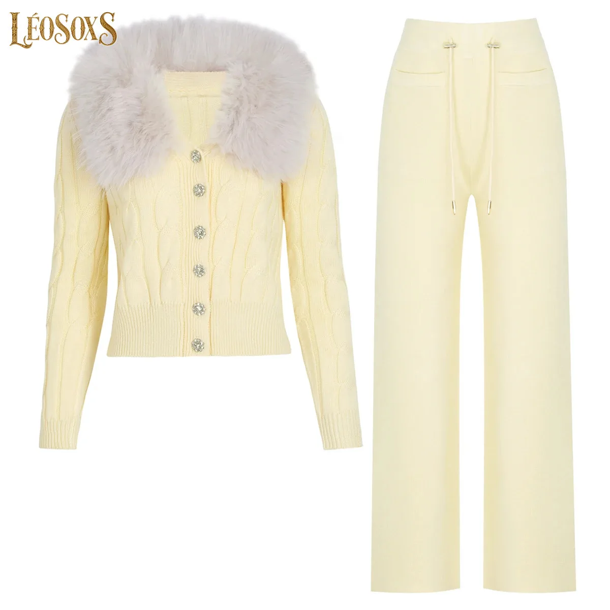LEOSOXS High Quality Spring And Autumn New Fashion Commuter Diamond Button Knitted Wool Collar Top Cardigan JacketPants Set