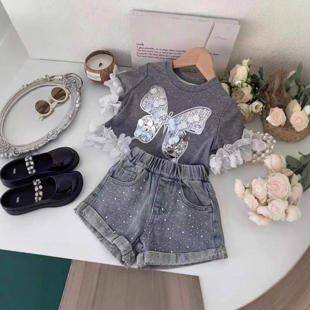 3-7 years Girls Clothes Sets Summer Baby Girl Children Cute Sequin Butterfly tee + Quality Denim Shorts 2-Piece Set