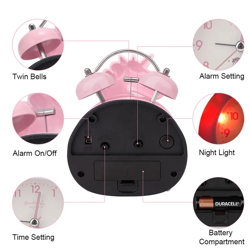 Cute Unicorn Kids Alarm Clock Double Bell Clock with Backlight Desk Clock Wake Up Girls Bedroom Decoration Christmas Kid Gifts