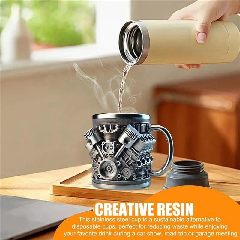 A11E-V8 Engines Stainless Steel Coffee Mug, Car Engine Coffee Cup With Insulated Handle For Car Lovers Gift