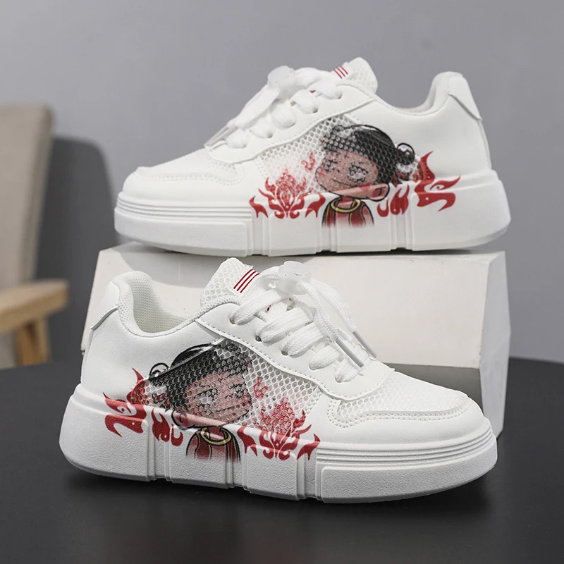 

Nezha Boys' Shoes 2025 Summer New White Sneakers, mesh breathable sports shoes, middle school girls' student sneakers