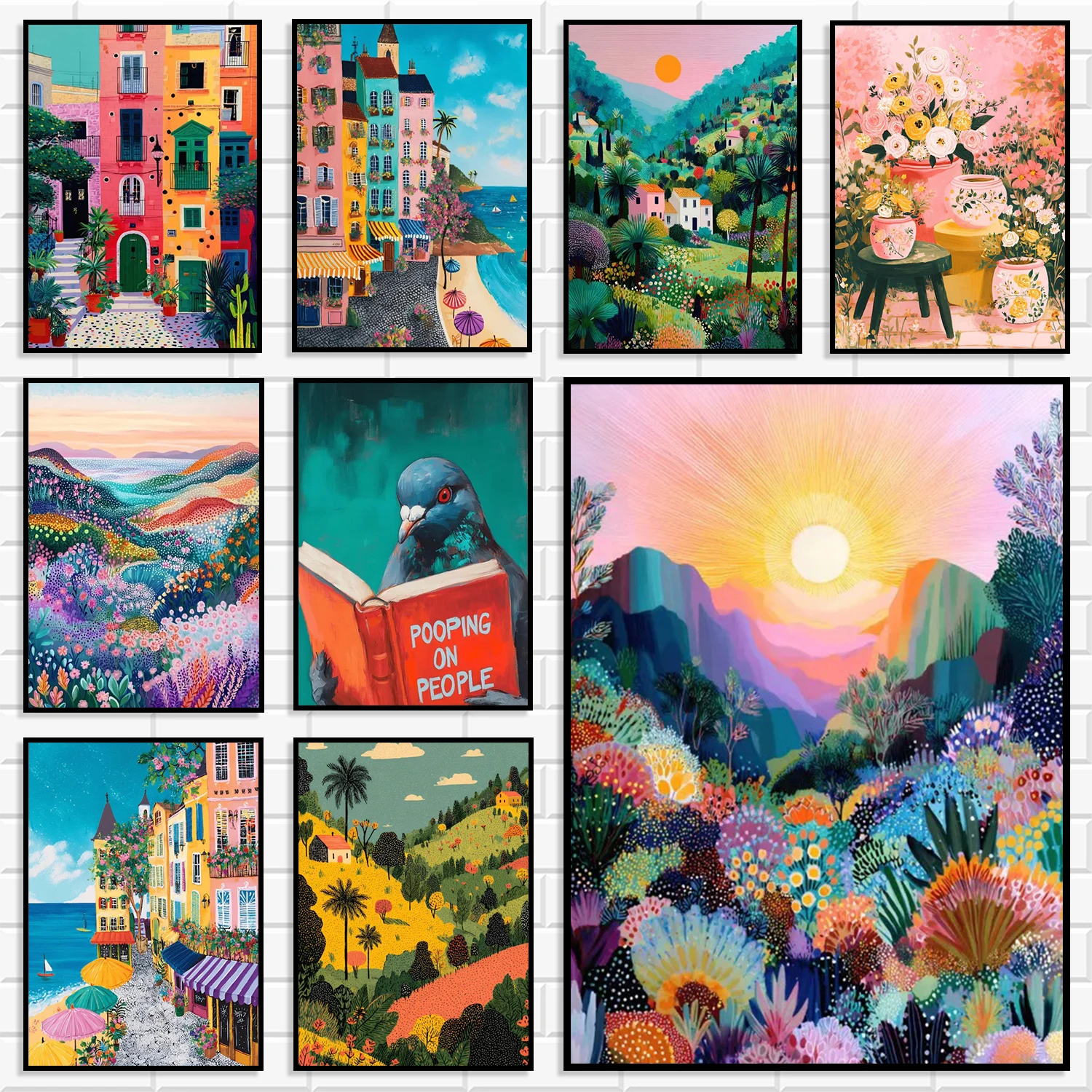 Vibrant Folk Art Canvas Painting Mountain Sunrise Wildflower Floral Scenery Wall Decor For Apartment Cottage Shop Vacation House
