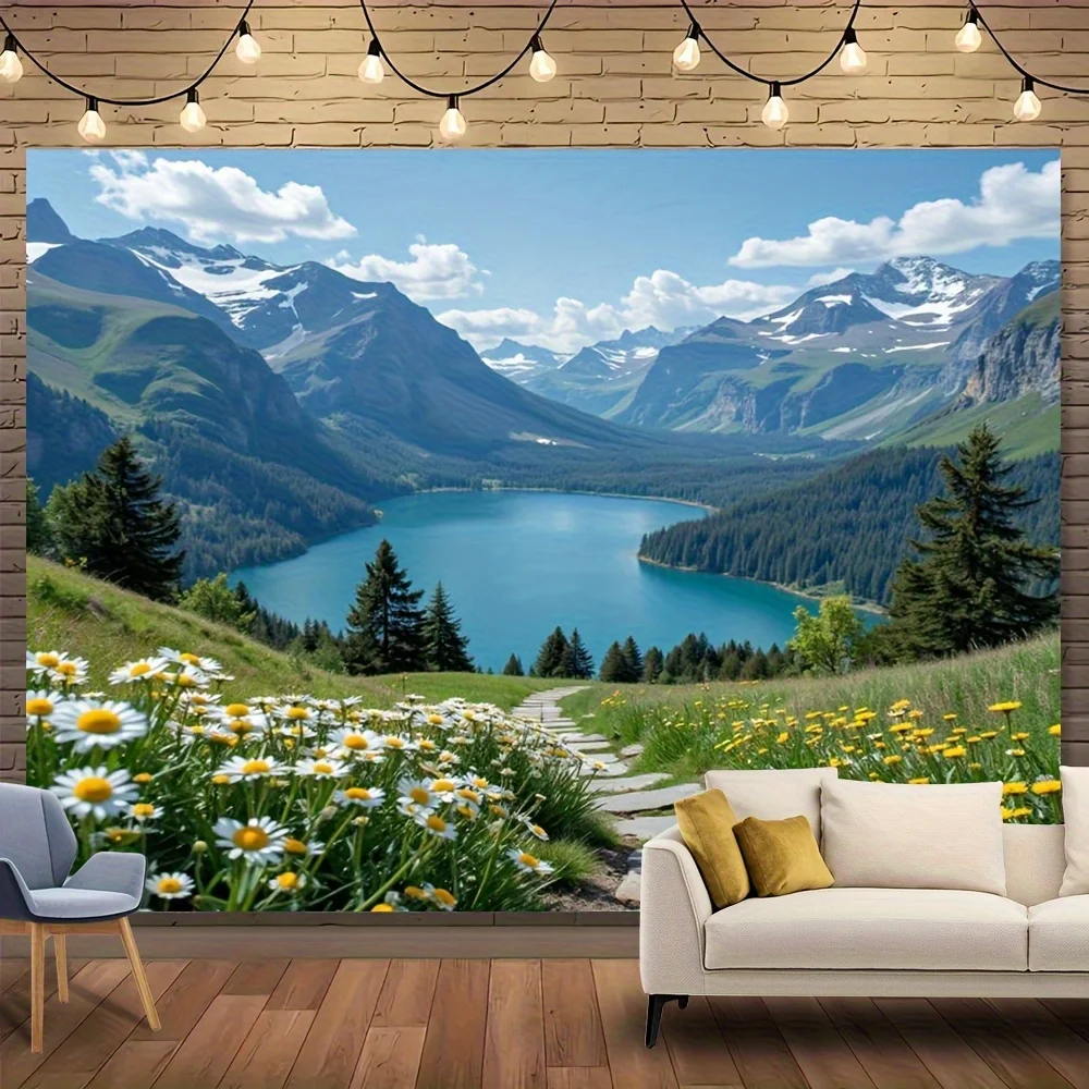 Mountain Lake Tapestry, Daisy Field and Snowy Peaks, Scenic Landscape Wall Hanging for Home Dorm Room Background Decor