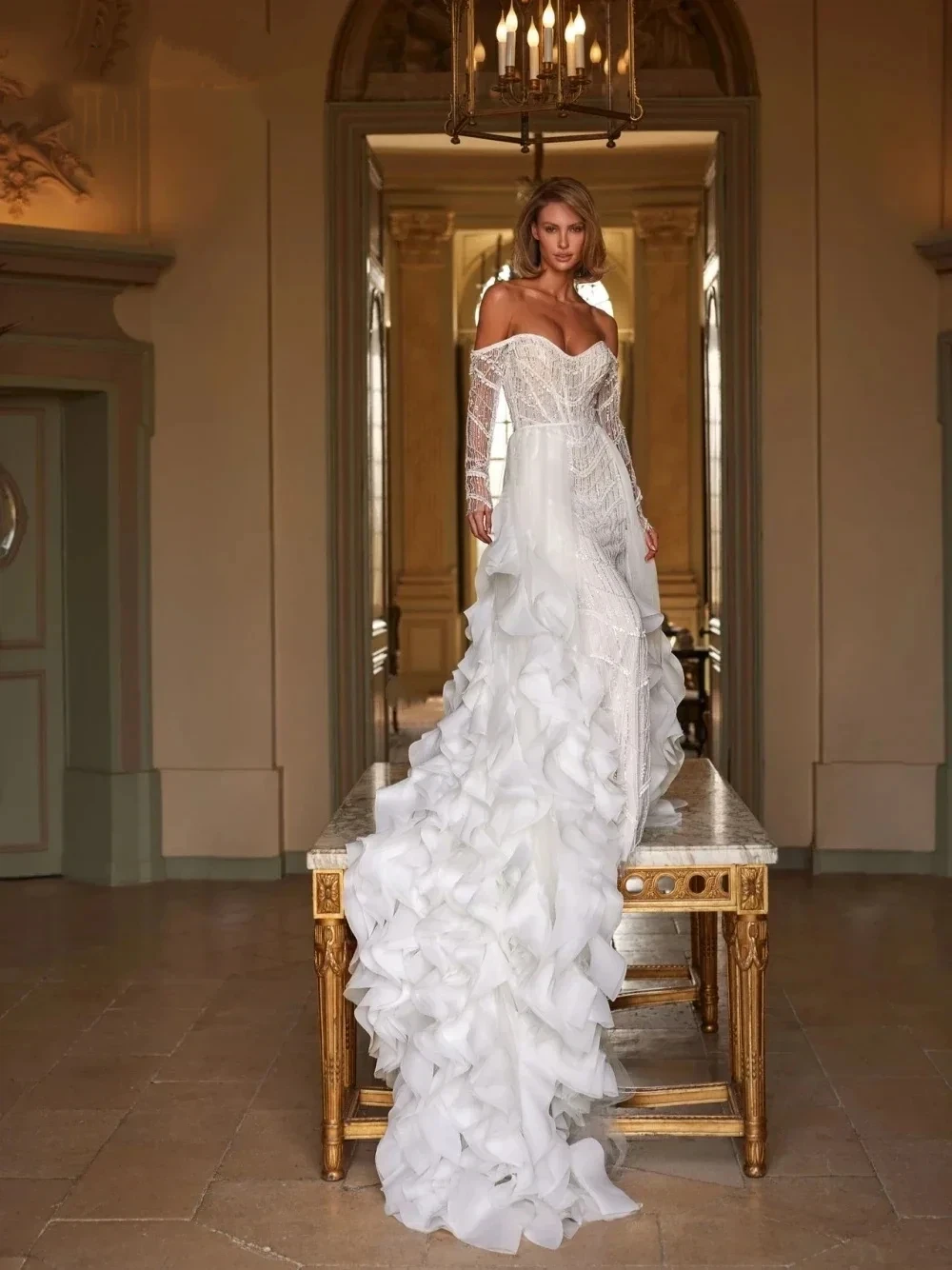 Customized Luxurious Mermaid Lace Beaded Women's Wedding Dress Sexy Exposed Strap Detachable Skirt Bridal Dress Vestido De Novia