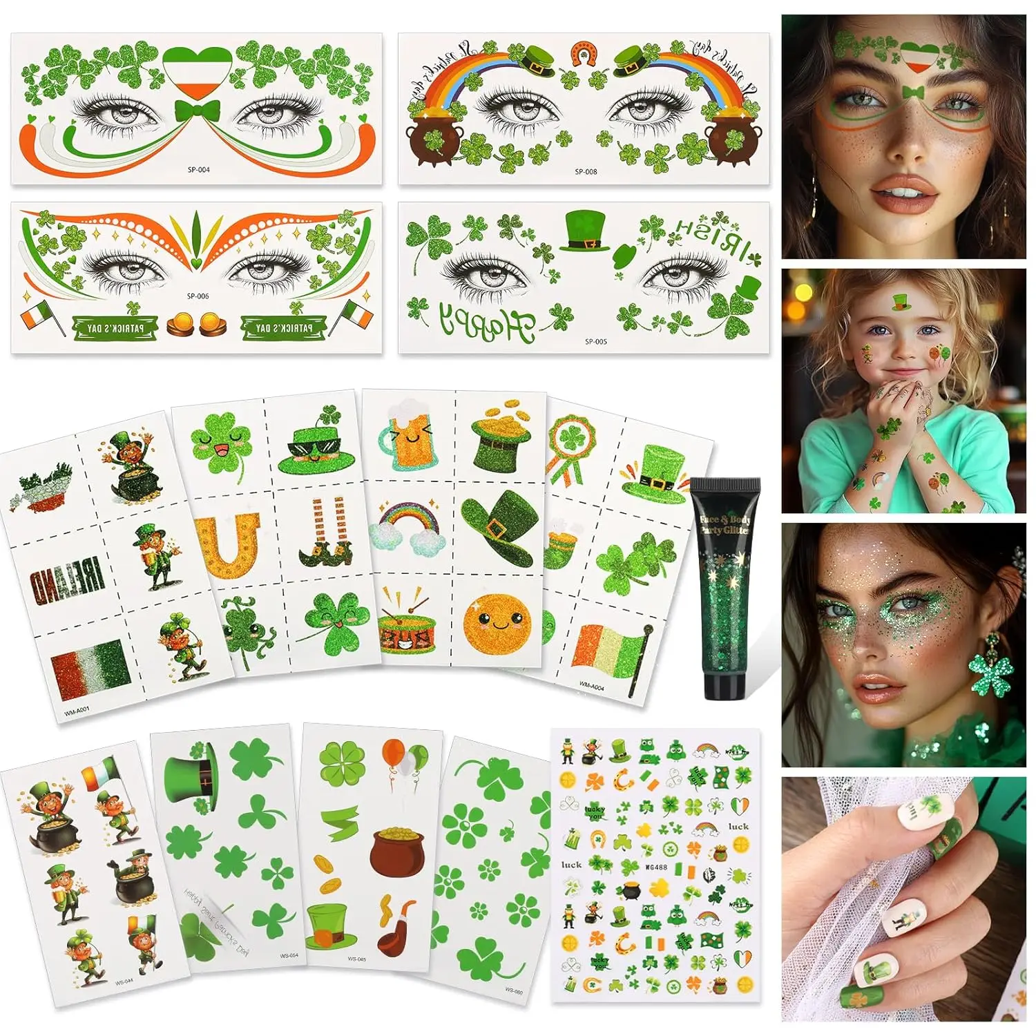 

14-Piece St. Patrick's Day Temporary Tattoo Kit with Shamrock Designs, Nail Stickers, and Green Glitter for All Ages