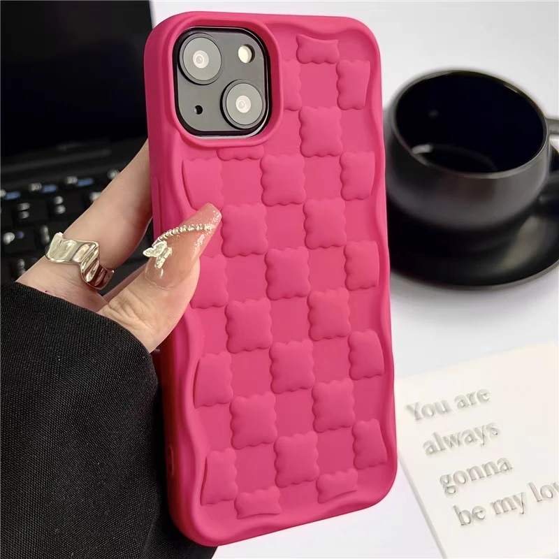 Cute Candy 3D Cookies Square Grid Pattern Phone Case For iPhone 15Pro 11 13 12 14 Pro Max Matte Silicone Shockproof Bumper Cover