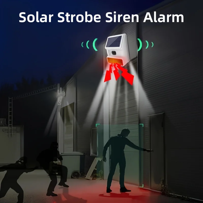 

One PGST-powered outdoor security alarm with a human body sensor,-decibel high-volume alarm, and flashing light—a sola