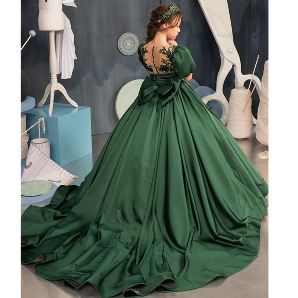 

Green Flower Girl Dress With Long Train Girls Princess Wedding Party Dress Girl Birthday Dresses Fashion Girl Vintage Dresses