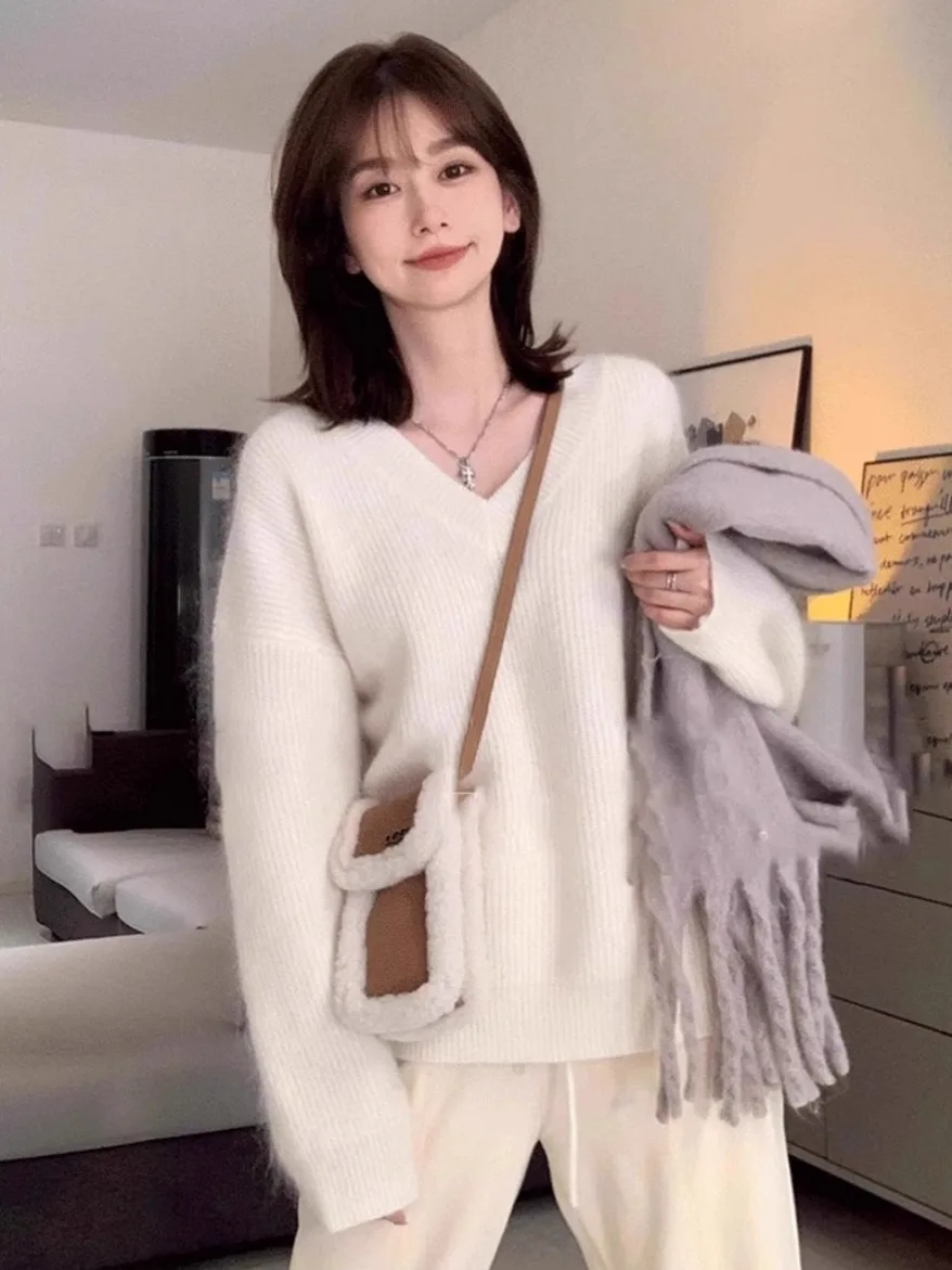 

Thiened Long Sve V-Ne Knitted Sweater White Loose Fit Autumn Winter Women's Casual High-End Feeling Personali Top