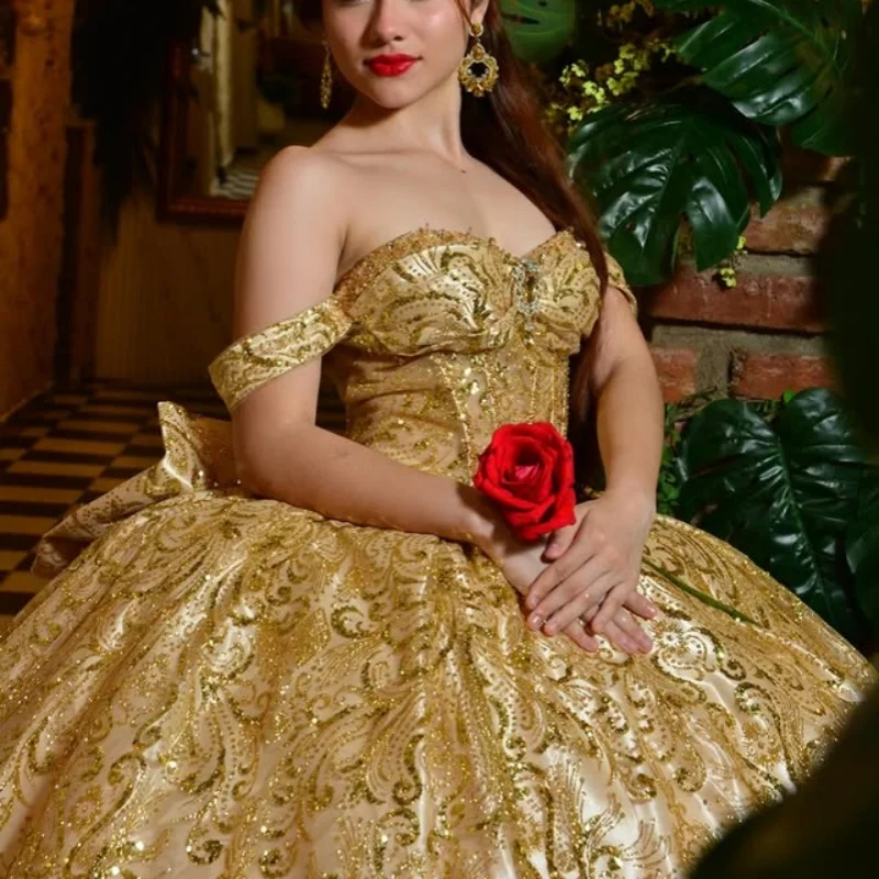 

Shiny golden Quinceanera Dress glitter crystal Decal Long tail Bow Vestidos De 15 Quinceanera ﻿Customize
