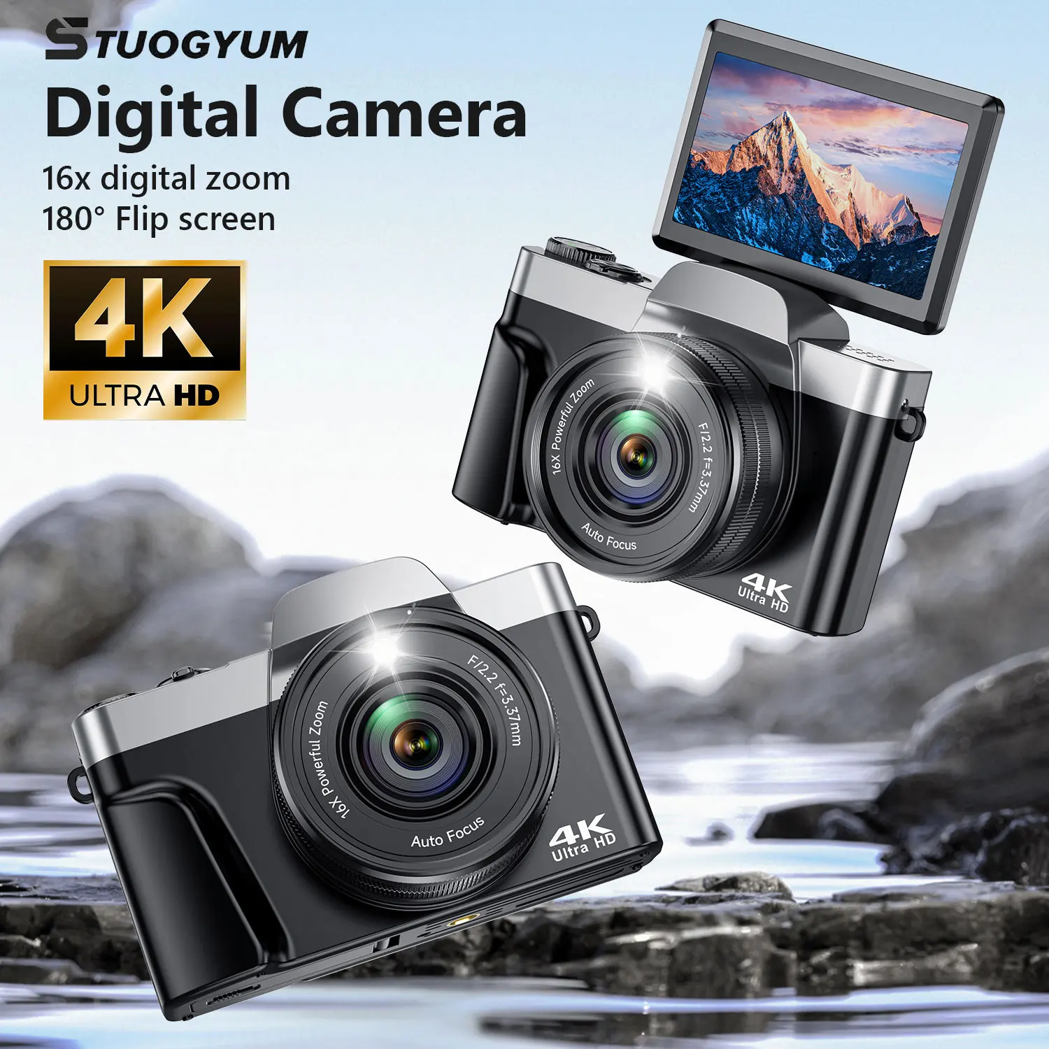 

Цифровая камера 4K с Wi-Fi, камера для видеоблогов с автофокусом 64 МП, 3 дюйма 180 ° Откидной экран с 16-кратным зумом и SD-картой 64 ГБ, сумка (черный)